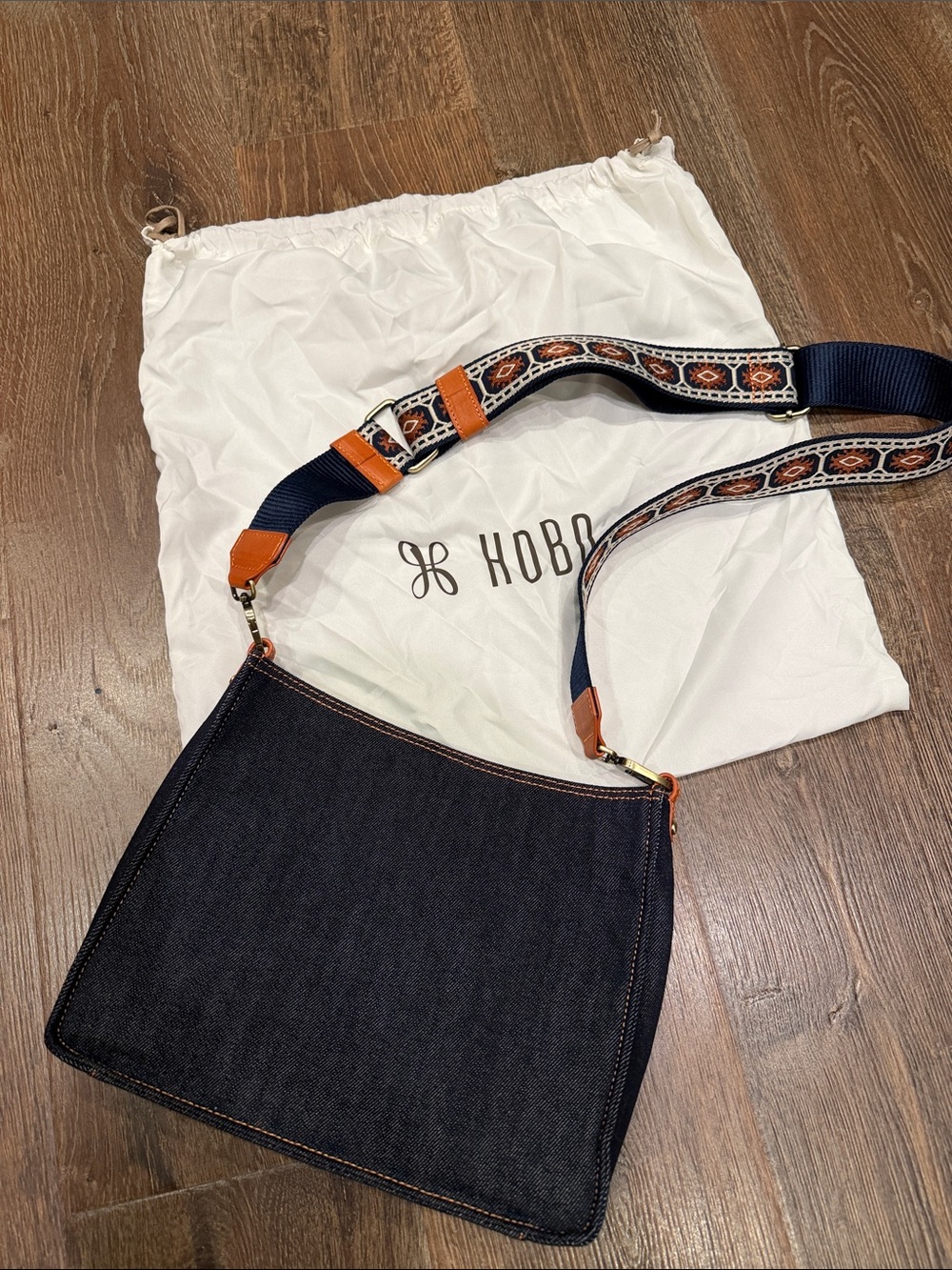 HOBO Dark Blue Denim Messenger Bag with Patterned Navy Strap and Tan Strap, NEW!